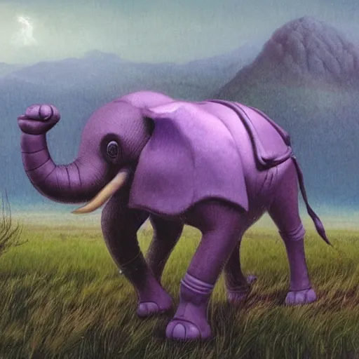 Prompt: purple elephant running in meadow, close up camera angle from an ant, raining, mountain behind meadow, menacing, illustration, detailed, smooth, soft, cold, by Adolf Lachman, Shaun Tan, Surrealism