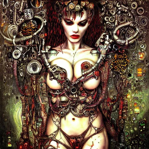 Image similar to depraved cybernetic demon, lsd, circuitry, intricate detail, klimt, royo,