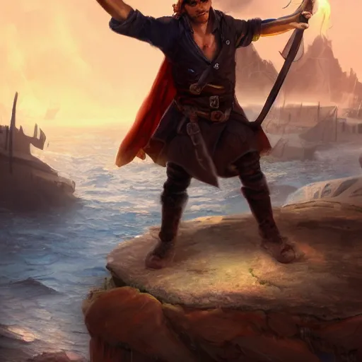 Prompt: concept art of a swashbuckler holding a candle discovering a sunken city, wearing a cape, wearing a night cap, highly detailed, digital art, illustration, artstation, very detailed, 4 k