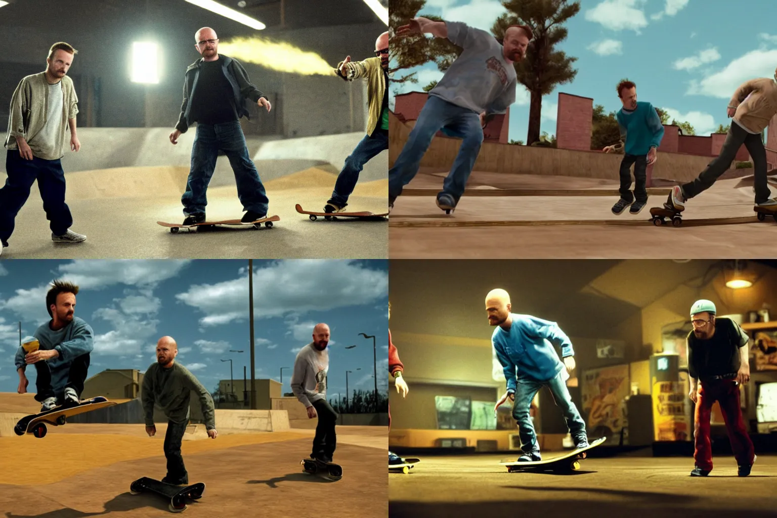 Prompt: Jesse Pinkman and Walter White playing Tony Hawk Pro Skater, film still, color, dramatic lighting