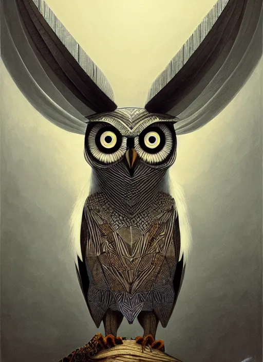 Image similar to portrait of a geometric owl, identical eyes, medium shot, illustration, full body made of white feathers, symmetrical, art stand, super detailed, cinematic lighting, and its detailed and intricate, gorgeous, by peter mohrbacher