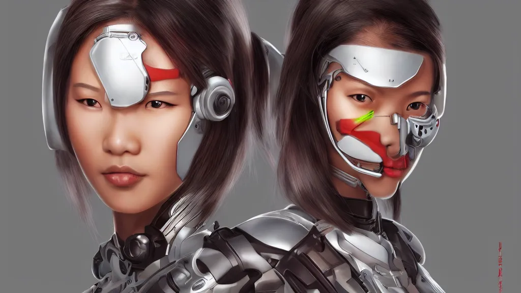 Prompt: portrait of a cyborg asian girl wearing an Ikeuchi mask by Artgerm, biomechanical, hyper detailled, trending on artstation