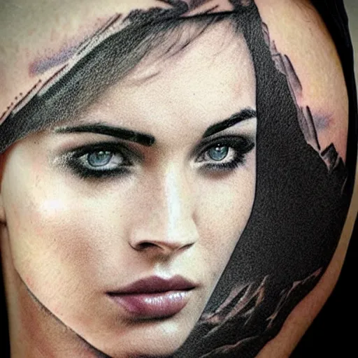 Image similar to realistic tattoo sketch of megan fox face double exposure effect with a mountain scenery, in the style of matteo pasqualin, amazing detail, sharp, faded