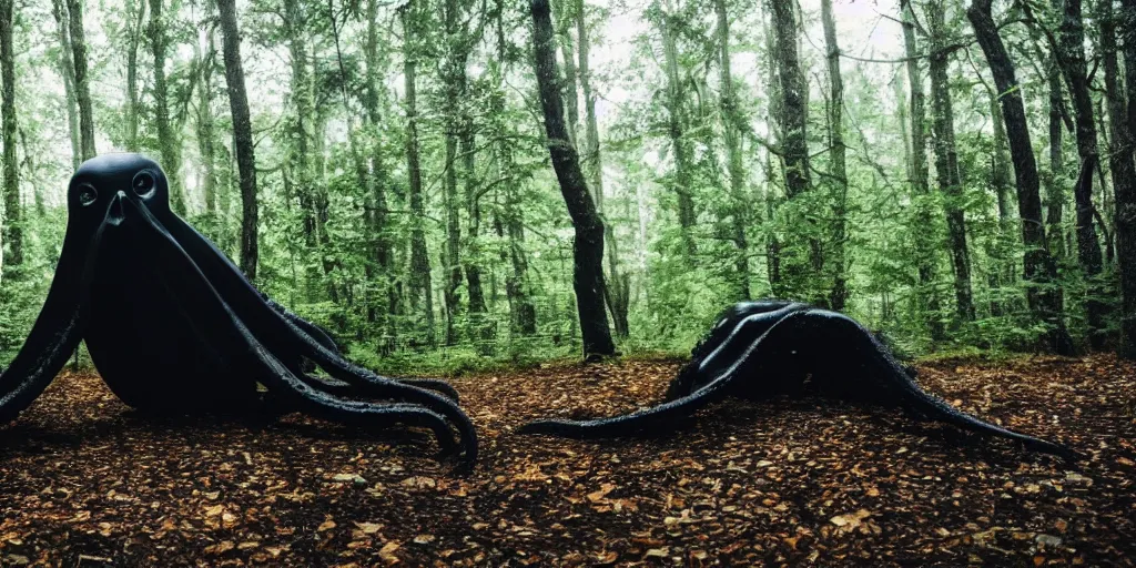 Image similar to a huge black octopus in the middle of a forest, winding around trees, beautiful ambient light, 8k photography