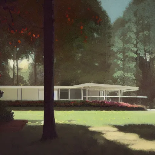 Prompt: farnsworth house painting by atey ghailan, character looking back, cinematic, masterpiece