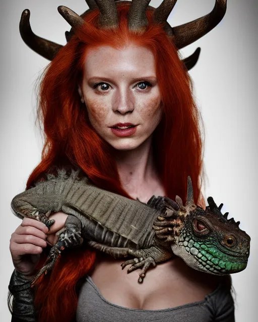 Image similar to 5 5 mm portrait photo of an armored redhead woman with ( antlers on her head ) and a an ( iguana on her shoulder ), by luis royo. highly detailed 8 k. intricate. lifelike. soft light. nikon d 8 5 0. cinematic post - processing