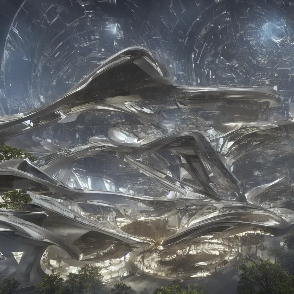 Prompt: a futuristic solar punk highly detailed temple to artificial intelligence designed by zaha hadid, a golden statue of athena stands in the center, immersive experience, panoramic view, unreal engine