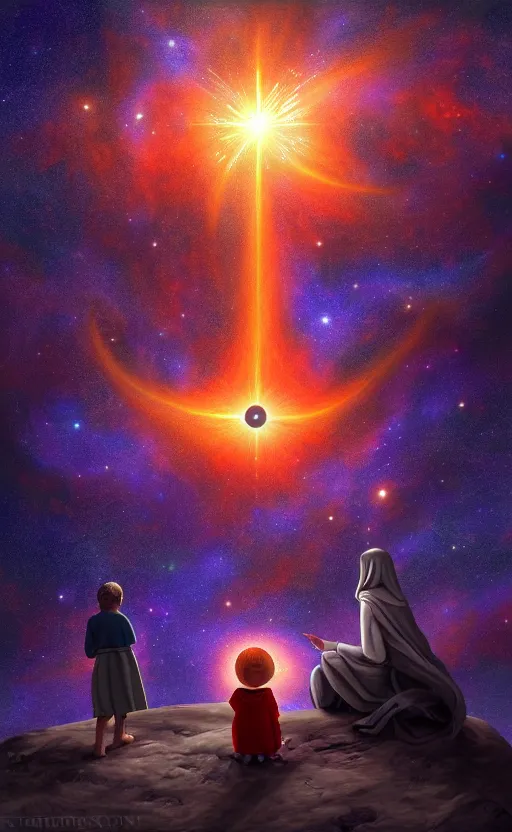 Image similar to Meeting God in the universe, digital art, trending on art station