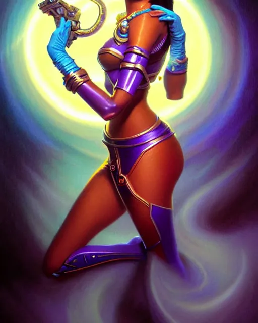 Image similar to symmetra from overwatch, fantasy, fantasy art, fantasy, colorful, elegant, character portrait, portrait, close up, highly detailed, intricate detail, amazing detail, sharp focus, vintage fantasy art, vintage sci - fi art, radiant light, caustics, by boris vallejo