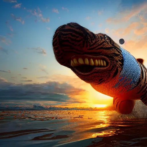 Image similar to a closeup photorealistic photograph of a cute smiling knitted tiger hippopotamus chasing a beachball during sunset. teeth exposed, surf in the background. professional capture. this 4 k hd image is trending on artstation, featured on behance, well - rendered, extra crisp, features intricate detail, epic composition and the style of unreal engine.