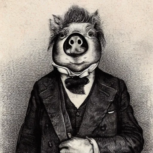 Image similar to a pig in a tuxedo, creepy atmosphere, dark, portrait, realistic portrait, close up, face, very realistic, illustration by Gustave Doré