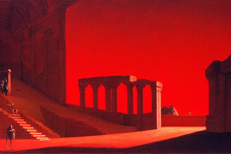 Image similar to only with red, a red melted emperor in an authoritarian position, taormina amphitheatre, crowd hails him, in the style of beksinski, parts by edward hopper, parts by rodcenko, parts by yue minjun, intricate and epic composition, red by caravaggio, insane quality, highly detailed, masterpiece, red light, artstation