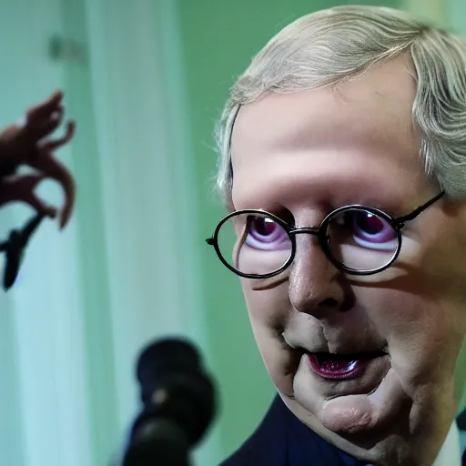 Prompt: the melting slimy face of villain mitch mcconnell. horror film photograph.