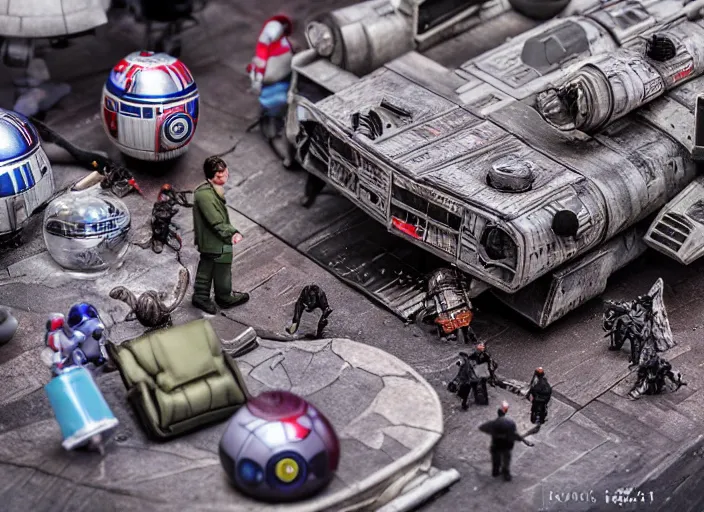 Image similar to a detailed photo of a diorama with star wars toys, macro photography, zoom