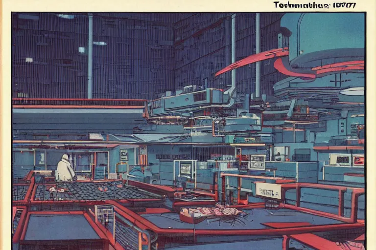 Image similar to 1 9 7 9 edition of automated tokyo fish processing plant. art in the style of vincent di fate's cyberpunk 2 0 2 0.