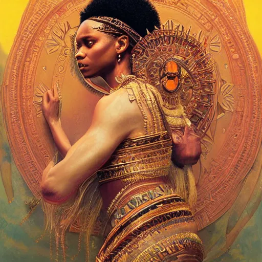 Image similar to Puma Badu as a goddess , A stunning masterpiece, Highly Detailed, Photorealism, by Greg rutkowski, Sachin Teng, Thomas Kindkade, Alphonse Mucha, Norman Rockwel