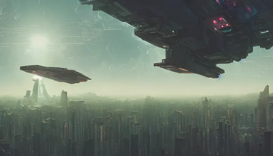 Prompt: a scifi spacecraft appears above a cyberpunk City, volumetric search lights, cinematic lighting, epic composition, rule of thirds, the fifth Element, tekkon kinkreet, akira, rendered by simon stålenhag, rendered by Beeple, Makoto Shinkai, syd meade, environment concept, digital art, starwars, raphael lacoste, eddie mendoza, alex ross, concept art, cinematic lighting, , unreal engine, 3 point perspective, WLOP, trending on artstation, low level, 4K UHD image, octane render,