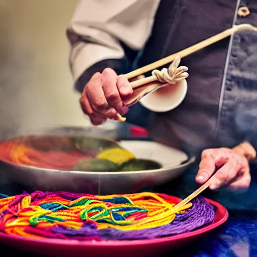 Image similar to italian chef cooking a plate of colorful yarn like spaghetti