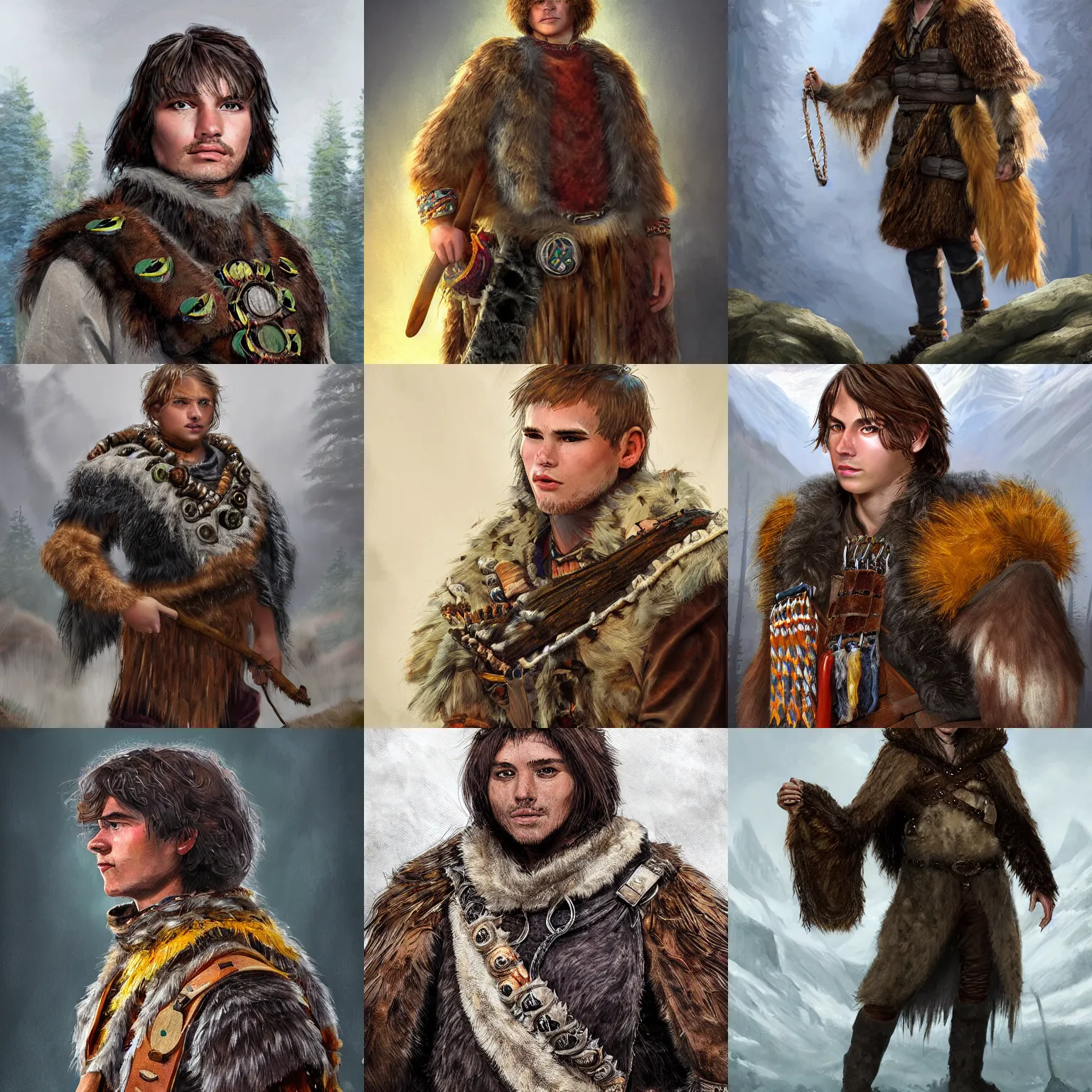 Prompt: Bjørn Skalldrasson, a young male adventuring shaman wearing bandoliers of trinkets and a well-worn bearskin cloak, portrait, shaggy haircut, 8k resolution, full-length portrait, digital painting, fantasy illustration, D&D character art