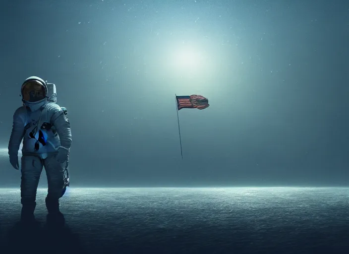 Image similar to astronaut holding a flag in an underwater desert. a submarine is visible in the distance. dark, concept art, cinematic, dramatic, atmospheric, 8 k, trending on artstation, blue, fish, low visibility, fog, ocean floor, christopher nolan, interstellar