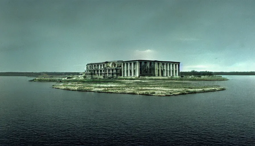 Prompt: 1 9 7 0 s movie still by andrei tarkovsky of a noneuclidian building with a lake in the middle, by piranesi, panoramic, ultra wide lens, cinematic light, flare, anamorphic