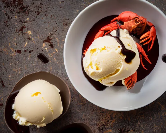 Image similar to dslr food photograph of vanilla ice cream with crawfish, some chocolate sauce, 8 5 mm f 1. 4