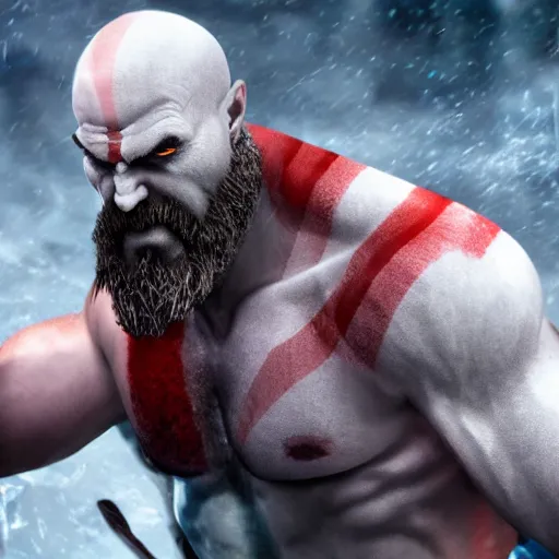 Prompt: kratos from god of war at a keyboard typing on it