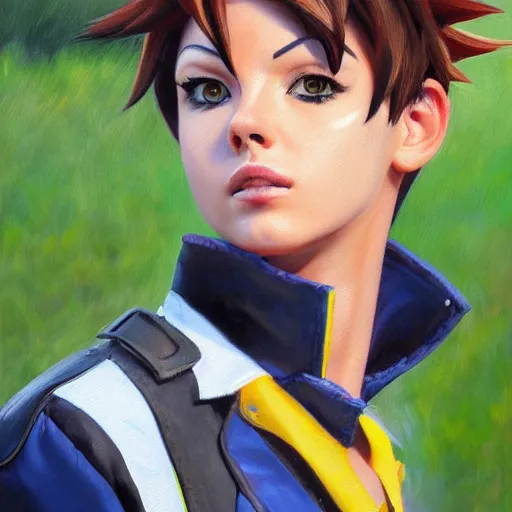 Image similar to oil painting of tracer overwatch in a field wearing spiked collar uniform, in style of steve henderson, expressive face, detailed face, detailed eyes, full body, feminine face, tracer overwatch,