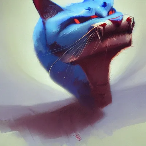 Image similar to blue cat eating red sable painting by eddie mendoza, greg rutkowski