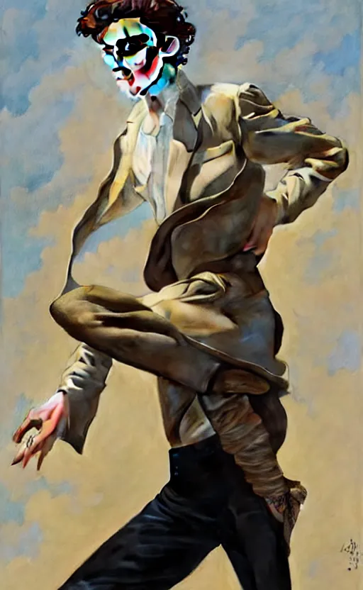 Image similar to Timothee Chalamet, the most beautiful androgynous man in the world, intense painting, sunny day, +++ super supper supper dynamic pose,  digital art, art by j.c leyendecker