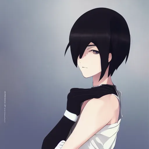 Image similar to girl with short white hair and bare shoulders, wearing black gloves and a white shirt, art by makoto shinkai