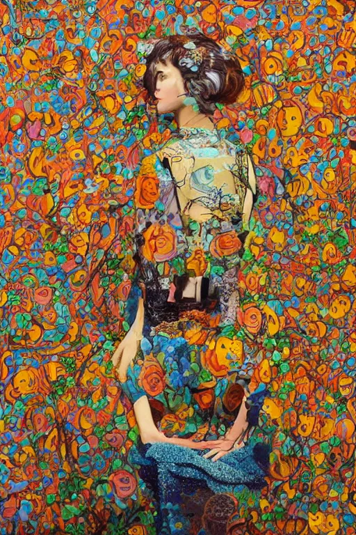 Prompt: cyberpunk girl vintage, style wrapped in flowers and wired in the style of yayoi kusama, hyperrealism with oil painting, by barry lyndon ultra detailed high resolution, 8 0 s print sci fi art