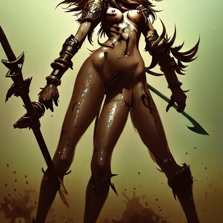 Prompt: an anthropomorphic maned wolf furry anthro girl standing in the muddy rain, laughing with a spear in her hands. league of legends splash art by yoji shinkawa and wayne reynolds