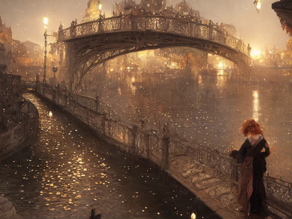 Image similar to a beautiful painting of a girl standing on a bridge, watching the view from the river of the lantern festival in a an ancient italian town, at night with a sky full of stars, intricate, elegant, highly detailed, digital painting, artstation, concept art, by krenz cushart and artem demura and alphonse mucha