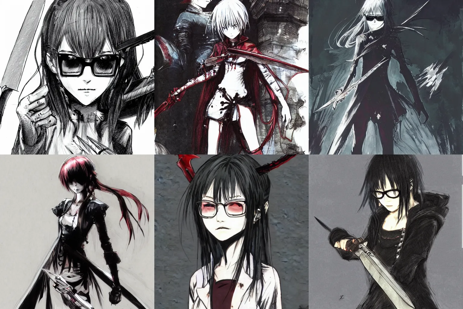 Prompt: concept art of a vampire girl with glasses, holding a knife, draw by akihiko yoshida and tsutomu nihei