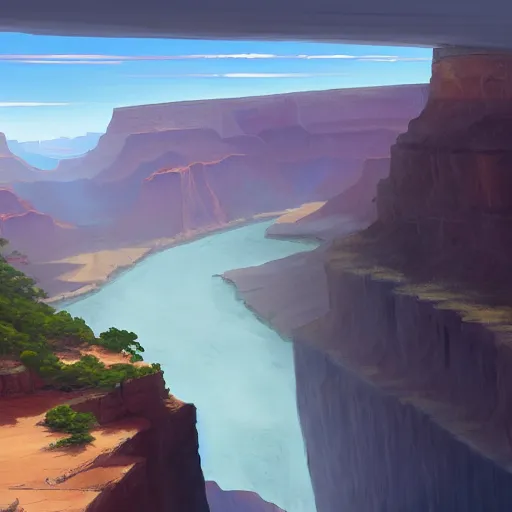 Image similar to concept art painting of a wide grand canyon with ocean inside, giant river, with unfinished bridge under construction, realistic, detailed, cel shaded, in the style of makoto shinkai and greg rutkowski and james gurney