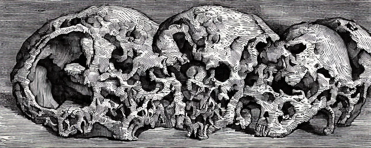 Prompt: Elaborate isometric wallpaper print of a Giant Animal skull in the Sonora Desert landscape in the style of Albrecht Durer and Martin Schongauer, high contrast!! finely carved woodcut engraving black and white crisp edges