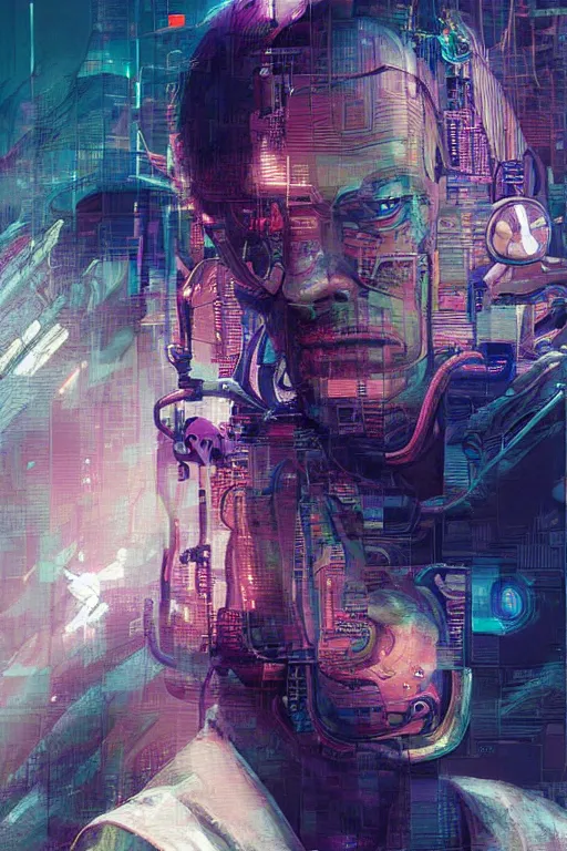 Prompt: A portrait of sad and serious Aphex Twin as a cyberpunk, iridescent highlights, background of digital greebles, highly detailed, intricate, soft, sci-fi, sharp focus, glowing lines, art by Ruan Jia and Moebius