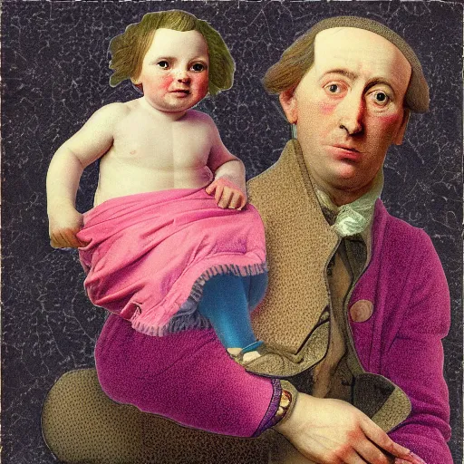 Prompt: detailed digital paper collage of a father with child. interesting textures in vibrant pastel tones. elements of flemish baroque maximalism. matte background