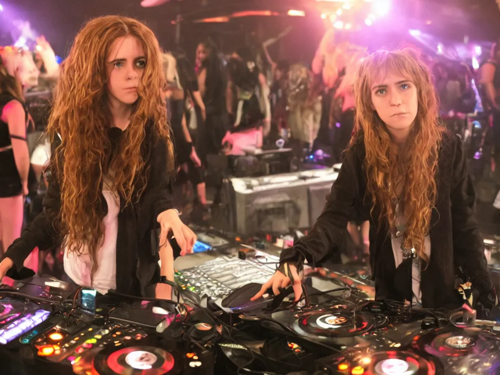 Prompt: Hermione as a dj at EDC