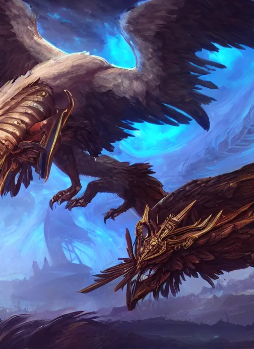 Image similar to winged beast of ancient egypt concept art, digital illustration, trending on artstation, epic composition, scenic background, 8 k uhd, masterpiece, league of legends splash art, highly detailed, perfect lineart