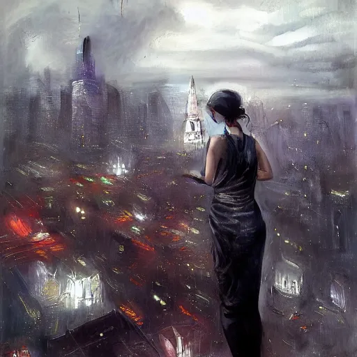 Image similar to “ a girl standing on a ledge looking down at a futuristic new york city below, ghostpunk, storm clouds, very detailed, by craig mullins ”