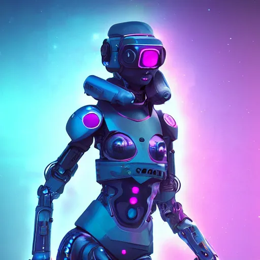 Image similar to cyberpunk concept cool warrior girl bot, cinema 4 d, galaxy, ufo, space sci - fi, wearing vr goggles, illustration, portrait, pastel neon textured background night, trending on artstation, greg rutkowski, octane rendered, 1 2 k, detailed,