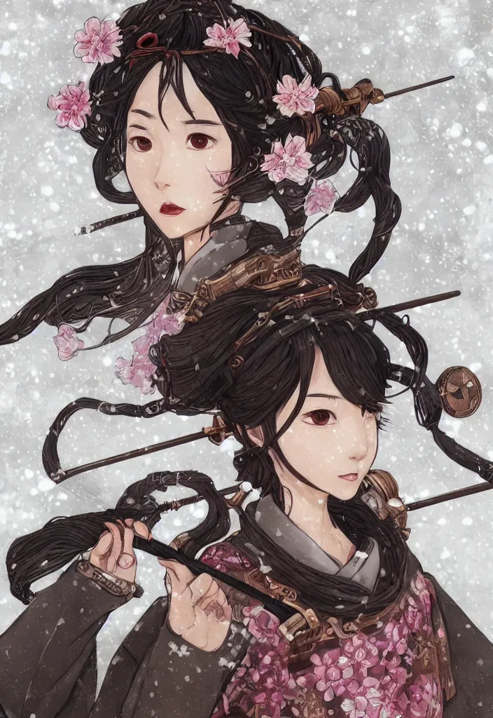 Prompt: detailed portrait of steampunk black girl samurai with tachi and cross bow combat pose in snow forest sakura cherry blossom swan hakama kimono trending on artstation elite, elegant, luxury, by krenz cushart, junji ito, perfect face, fine details, realistic shaded, fine - face, pretty face