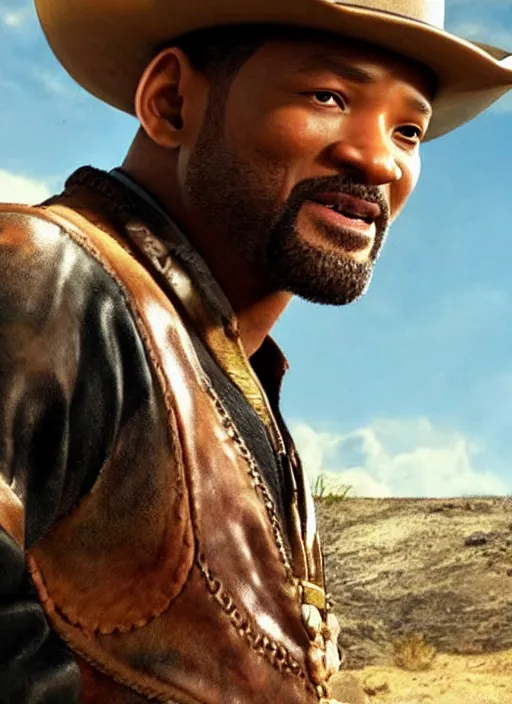 Image similar to an film still of will smith as cowboy with beard, western background, unreal engine. amazing likeness. very detailed.