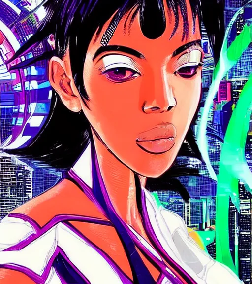 Prompt: very beautiful closeup portrait of a black bobcut hair style futuristic nafi thiam in a blend of manga - style art, augmented with vibrant composition and color, all filtered through a cybernetic lens, by hiroyuki mitsume - takahashi and noriyoshi ohrai and annie leibovitz, dynamic lighting, flashy modern background with black stripes