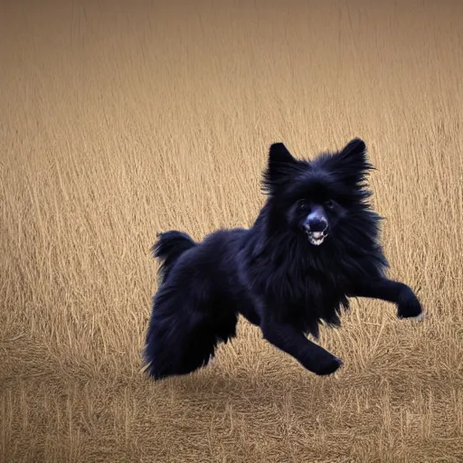 Prompt: Black fluffy dog running in the fields, hyper realistic, Digital art