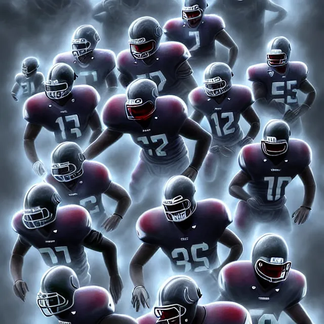 Prompt: epic professional digital art of an American football team of terrifying grey aliens, best on artstation, cgsociety, wlop, cinematic, breathtaking, epic, stunning, gorgeous, much detail, much wow, masterpiece