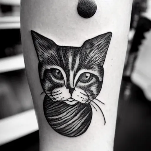 Prompt: stick and poke tattoo of a cat, black and white tattoo, linework