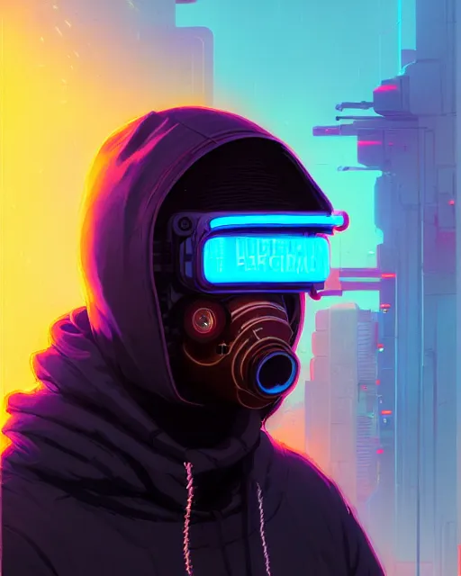 Image similar to cyberpunk synth, hyper - realistic portrait of a man in a hoodie with detailed neon mask, cyberpunk, by atey ghailan, by greg rutkowski, by greg tocchini, by james gilleard, by joe fenton, by kaethe butcher, dynamic lighting, gradient light blue, brown, cinematic lighting color scheme, sharp focus, grunge aesthetic